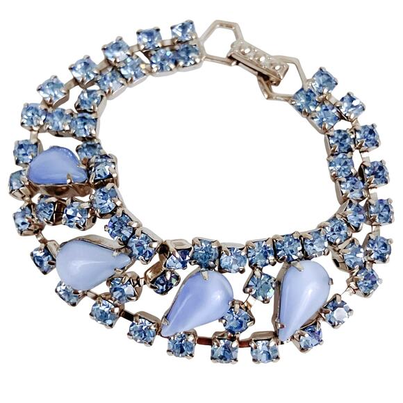 Vintage 1950s Blue Glass Rhinestone Moonglow Bracelet Mid Century Silver Tone - Picture 2 of 15